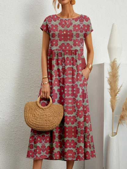 Floral Design Summer Dress  | A-line Silhouette | Red