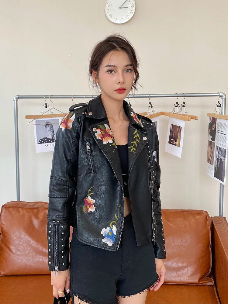 Elegant Rose Print Biker Jacket - Luxivelle