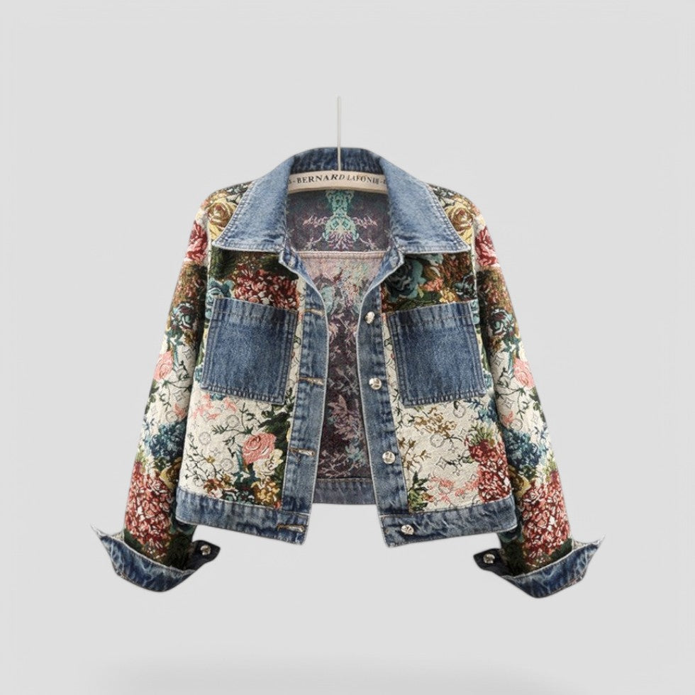 Floral Patchwork Denim Jacket Vintage Boho Streetwear 0