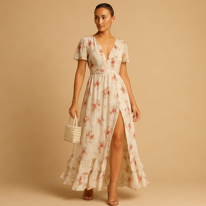 Women’s floral lace midi dress with refined neckline and elegant silhouette, perfect for weddings and formal evening events