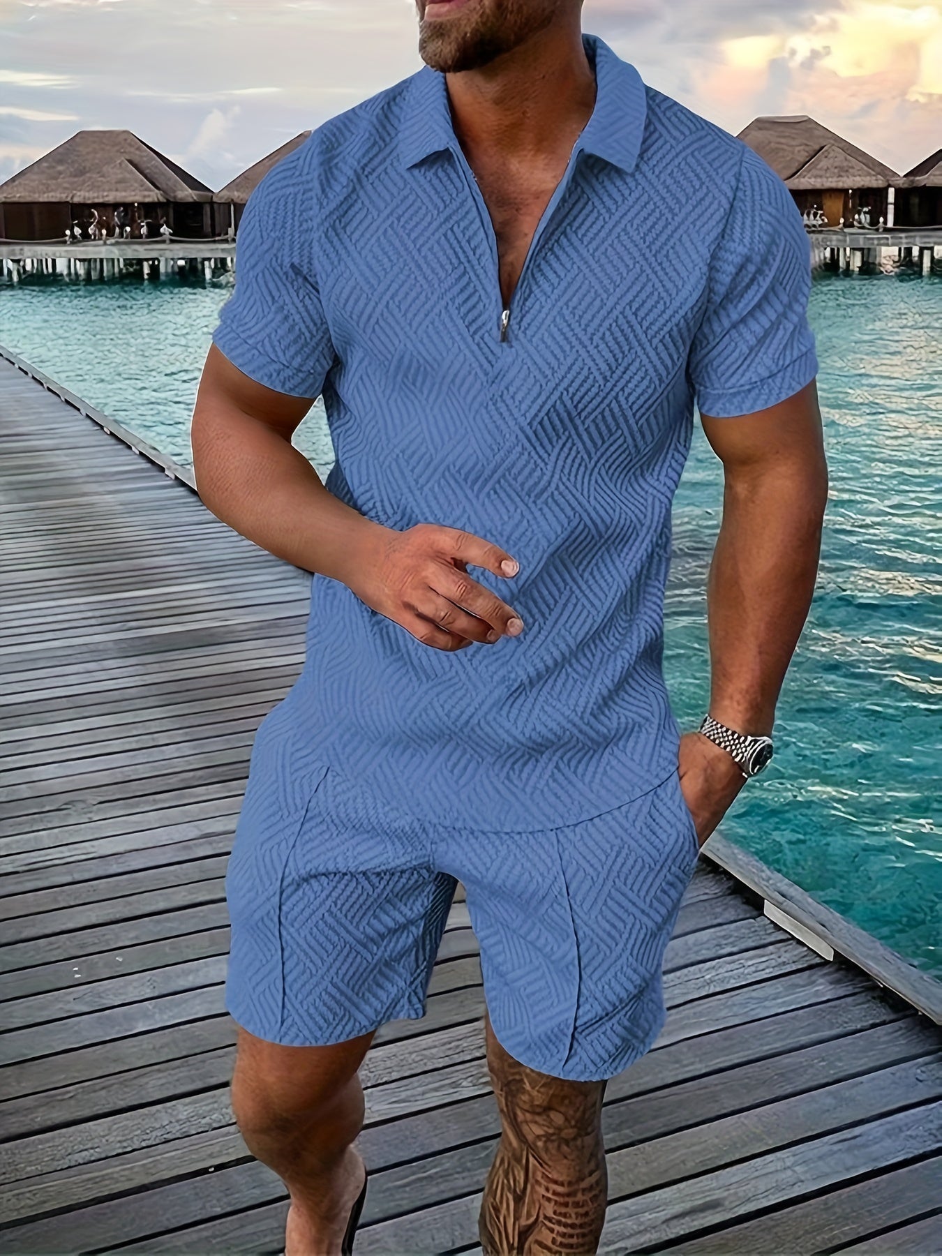 Geometric zip-up short set for men 9