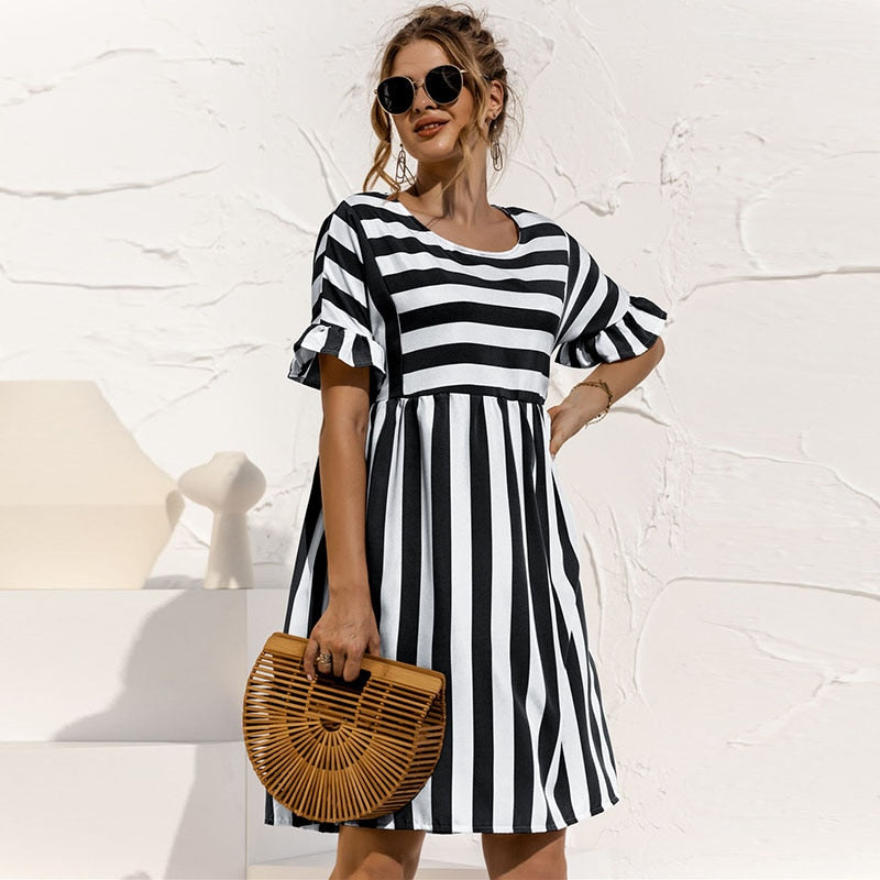 Ladies' Classic Striped Knee Length Dress - Luxivelle