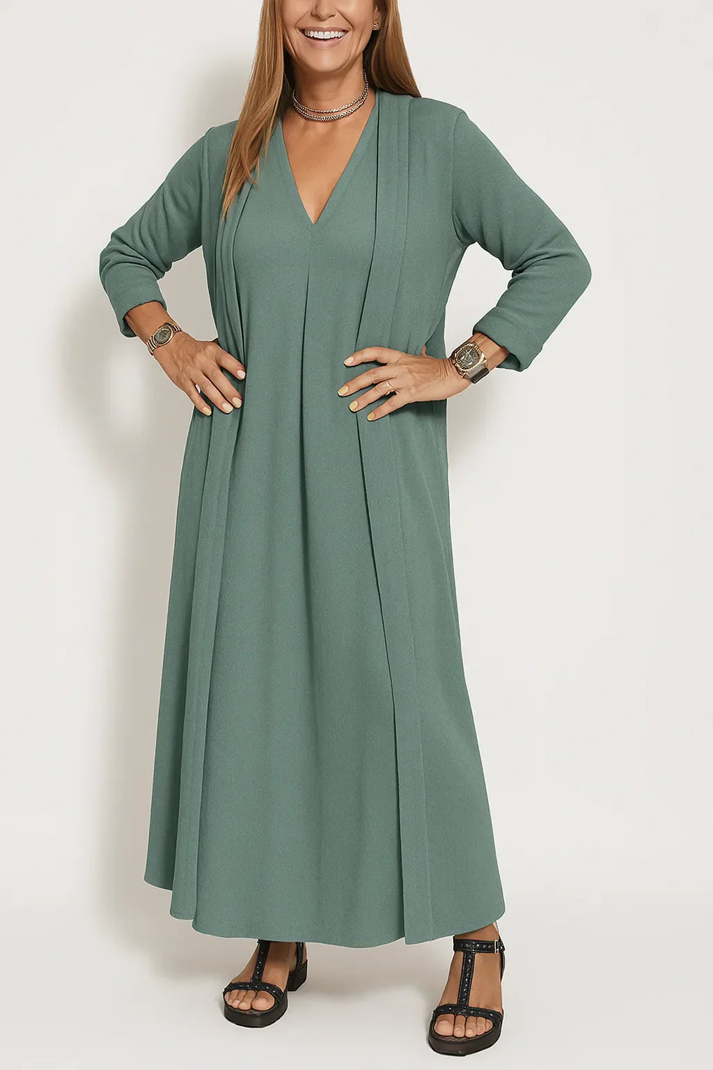 Classic Long Dress with Coordinating Cardigan