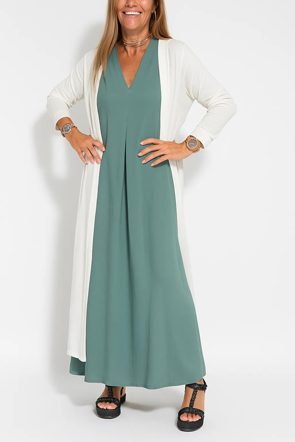 Classic Long Dress with Coordinating Cardigan