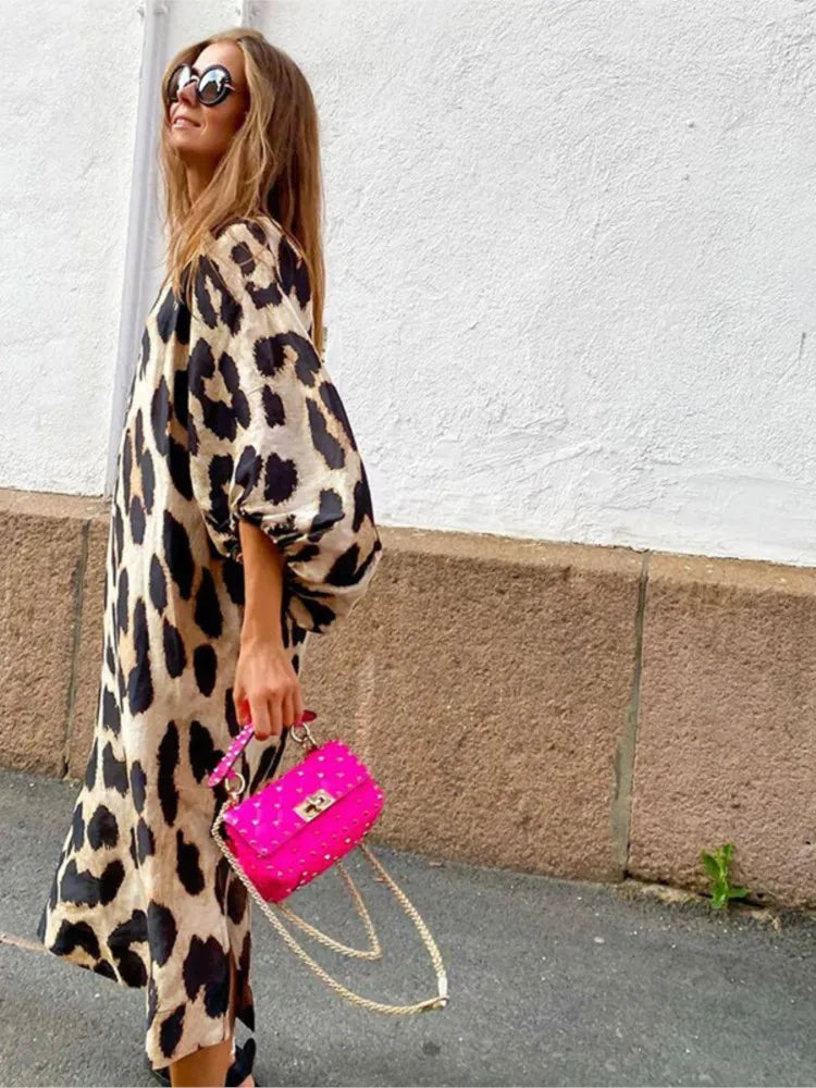 Fashionable Leopard Midi Dress for Women
