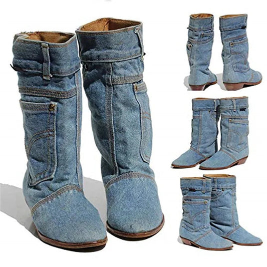 Casual Blue Low Heel Boots - Luxivelle