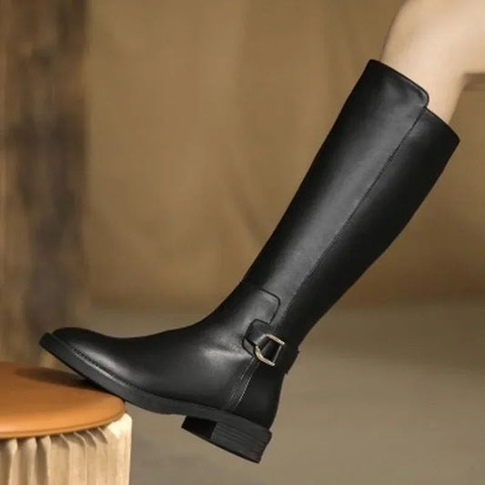 Tall Brown Leather Boots with Buckle Detail - Luxivelle