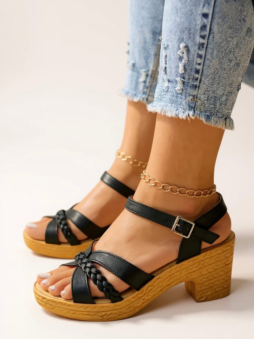 Woven Ankle Strap Heel Sandals - Luxivelle