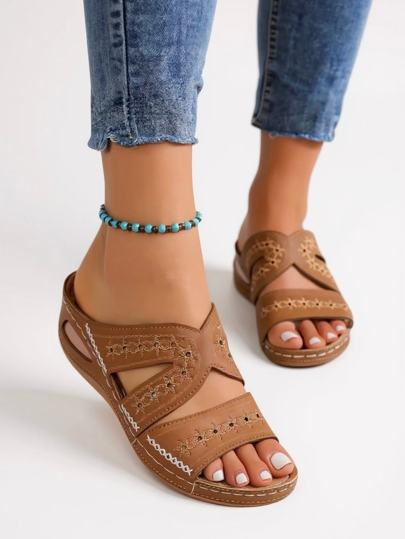 Decorative Stitch Slide Sandals - Luxivelle