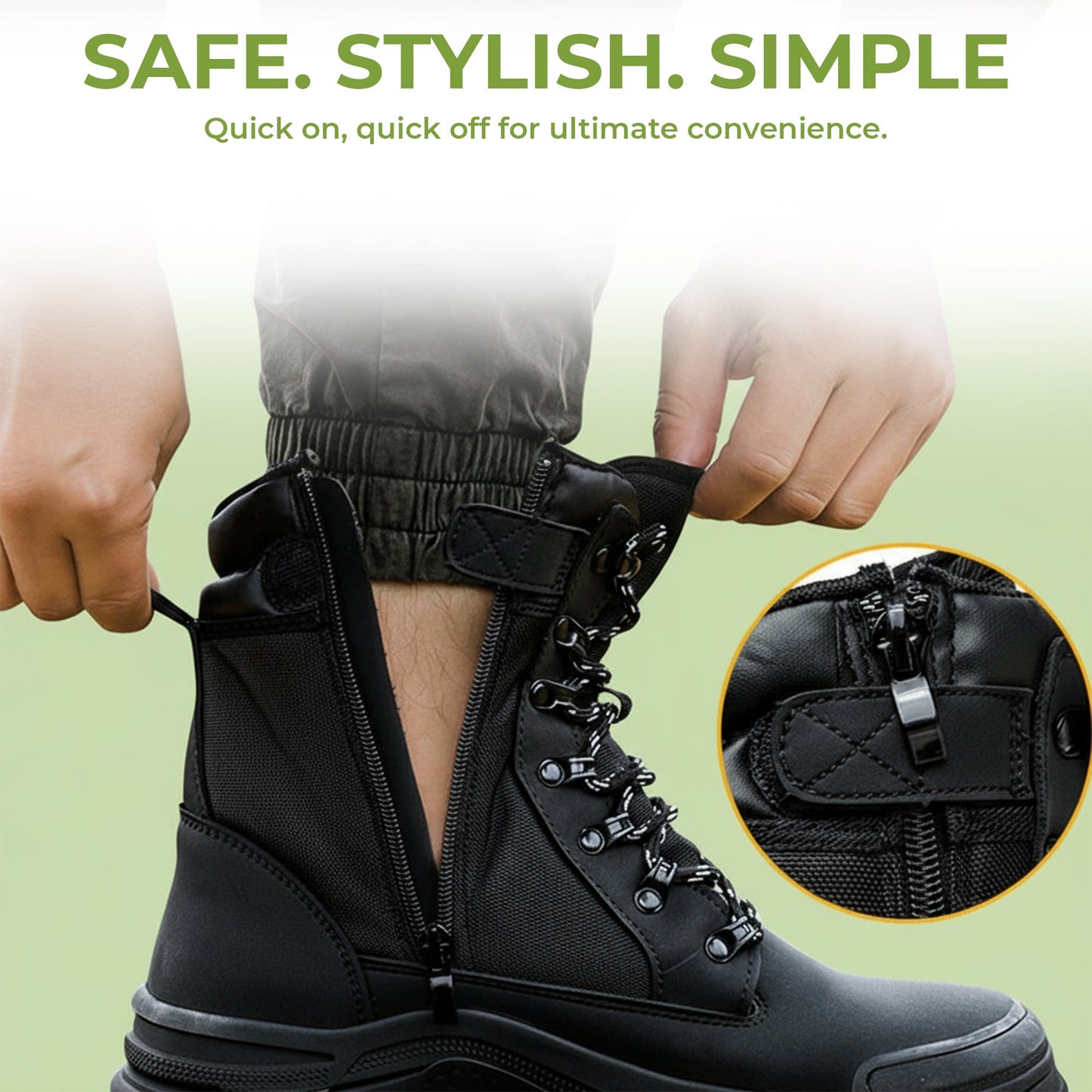Tough Steel Toe Work Boots - Easy Zip Closure