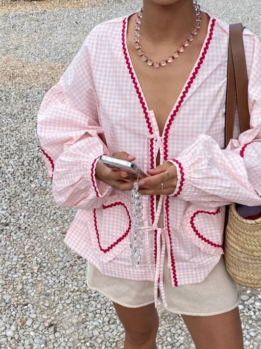 Chic Heart Print Women's Long Sleeve Blouse - Luxivelle