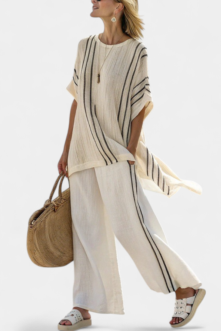 Ivory Linen Blouse & Black Striped Wide-Leg Pants Set | Women's Outfit 1