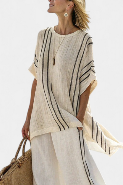 Ivory Linen Blouse & Black Striped Wide-Leg Pants Set | Women's Outfit 2