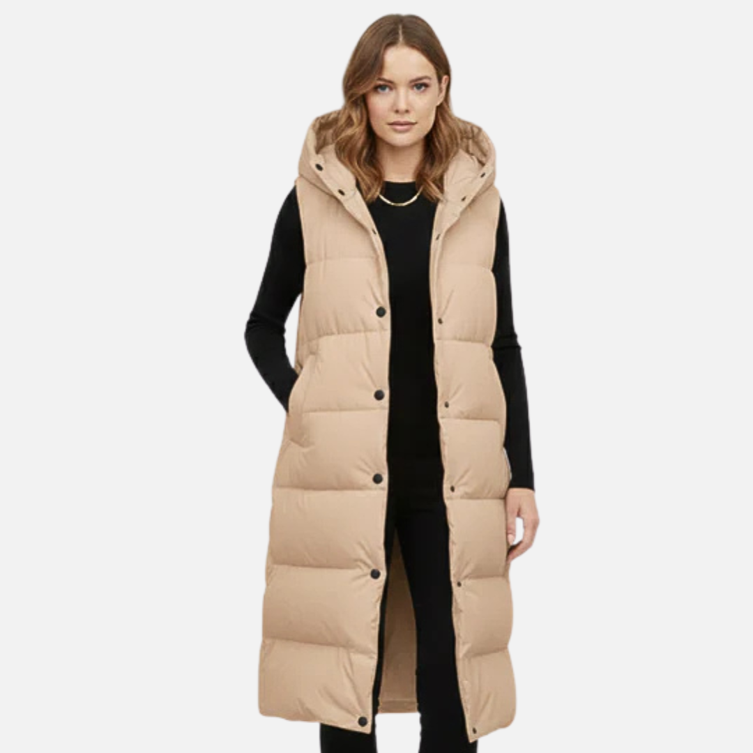 Women's Longline Puffer Vest - Hooded Sleeveless Quilted Gilet