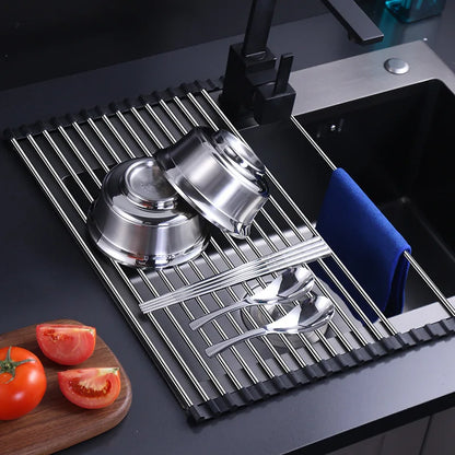 Compact Folding Dish Rack with Tray and Drain Filter