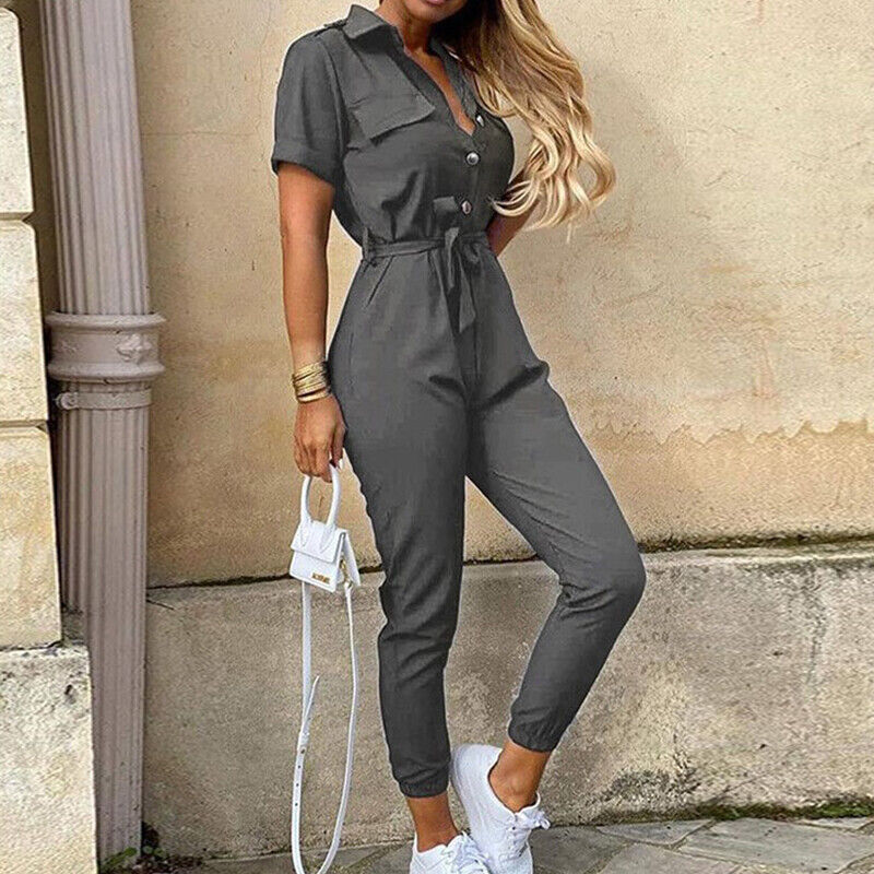 Ladies' V-Neck Jumpsuit with Front Buttons