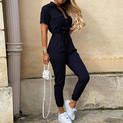 Ladies' V-Neck Jumpsuit with Front Buttons