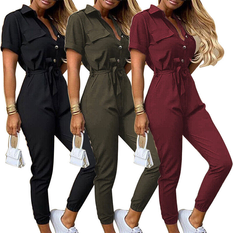 Ladies' V-Neck Jumpsuit with Front Buttons