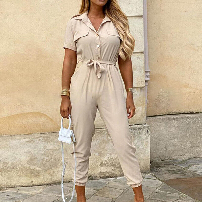 Ladies' V-Neck Jumpsuit with Front Buttons