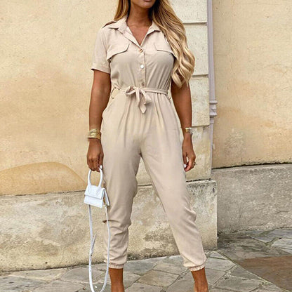 Ladies' V-Neck Jumpsuit with Front Buttons