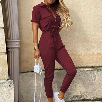 Ladies' V-Neck Jumpsuit with Front Buttons