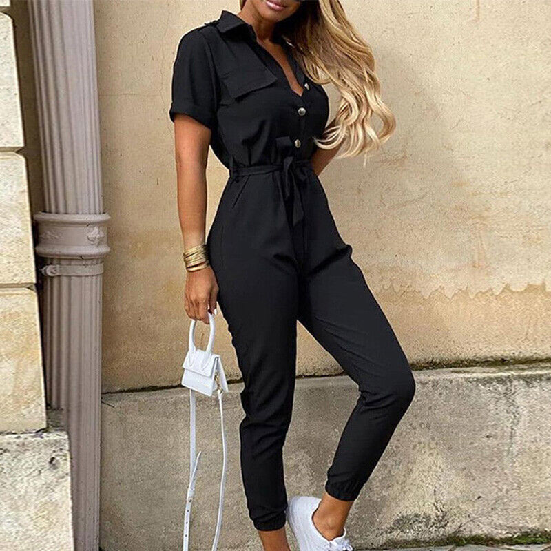 Ladies' V-Neck Jumpsuit with Front Buttons