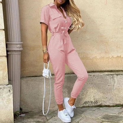 Ladies' V-Neck Jumpsuit with Front Buttons