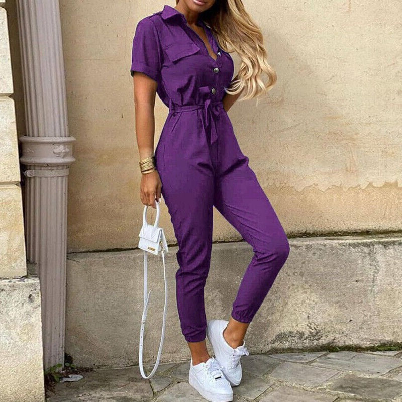 Ladies' V-Neck Jumpsuit with Front Buttons