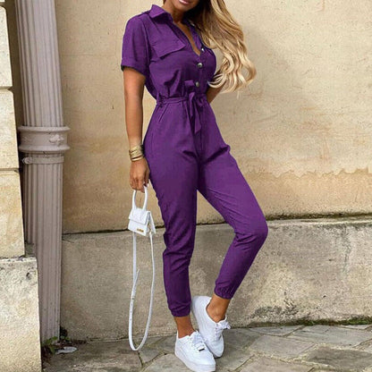 Ladies' V-Neck Jumpsuit with Front Buttons