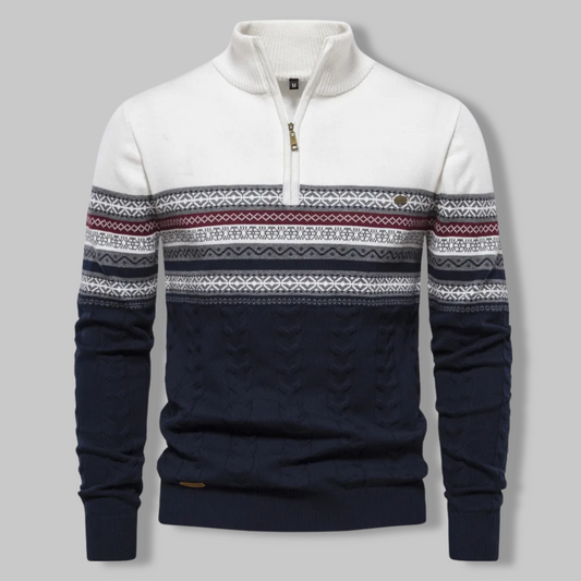 Knit Sweater - Two Tone Alpine Pattern & Quarter Zip Vent 0