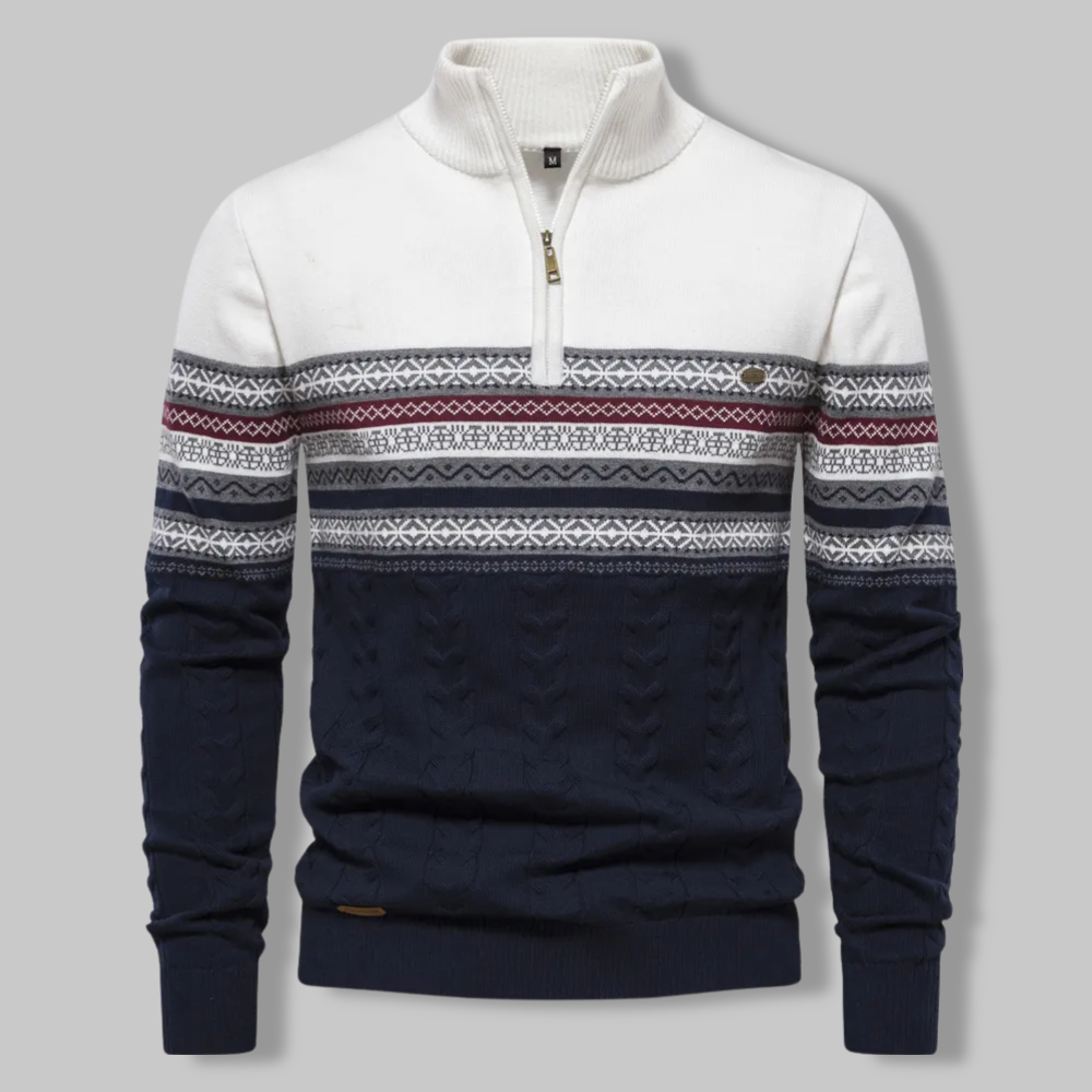 Knit Sweater - Two Tone Alpine Pattern & Quarter Zip Vent 1