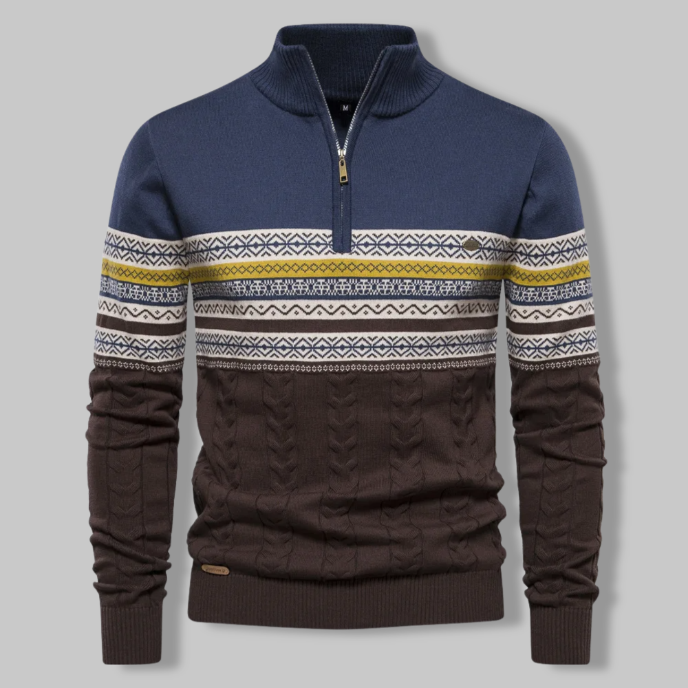 Knit Sweater - Two Tone Alpine Pattern & Quarter Zip Vent 4