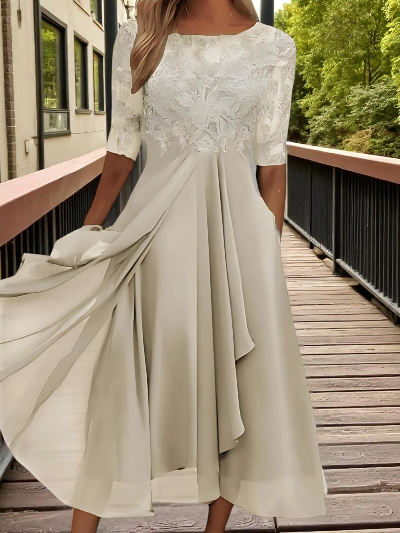 Lace Chiffon Midi Dress | Half Sleeves | Beige