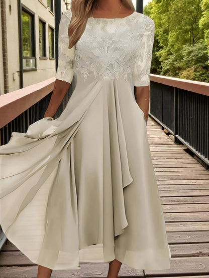 Lace Chiffon Midi Dress | Half Sleeves | Beige