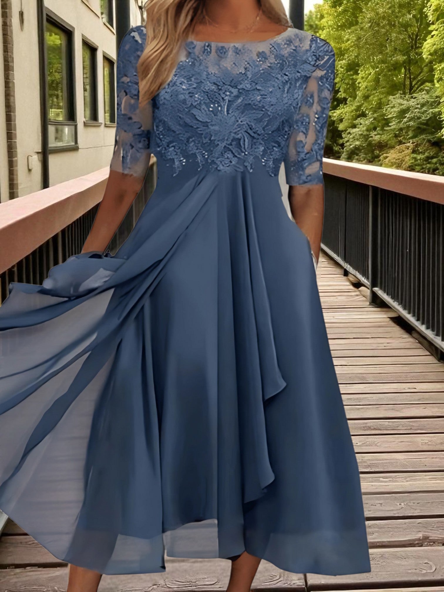 Elegant Sheer Knee Length Dress | Half Sleeves - Luxivelle