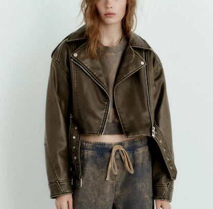 Loose Fit Biker Jacket for Women with Buckle Belt