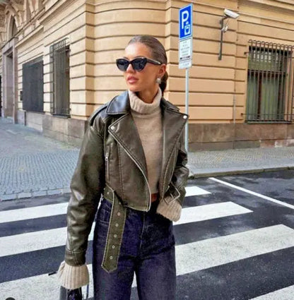 Loose Fit Biker Jacket for Women with Buckle Belt