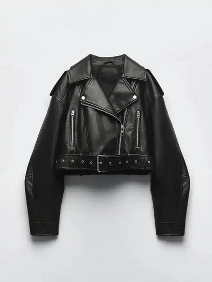 Loose Fit Biker Jacket for Women with Buckle Belt