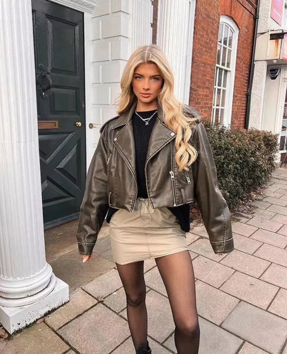 Loose Fit Biker Jacket for Women with Buckle Belt