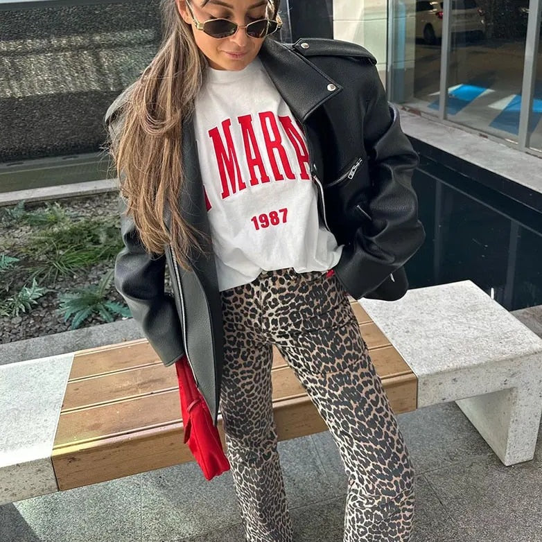 Fashionable Leopard Print High Waist Jeans