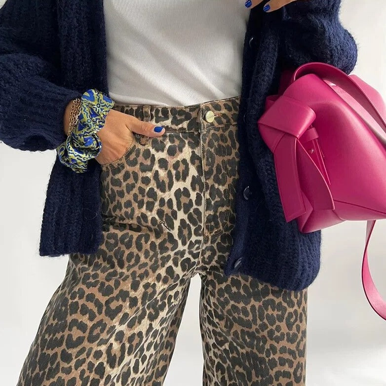 Fashionable Leopard Print High Waist Jeans