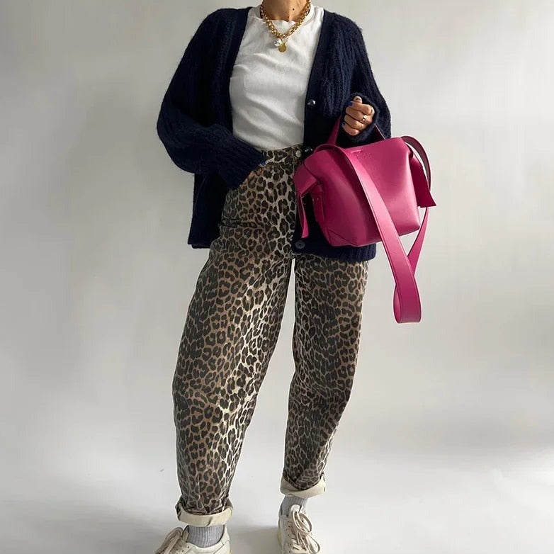 Fashionable Leopard Print High Waist Jeans