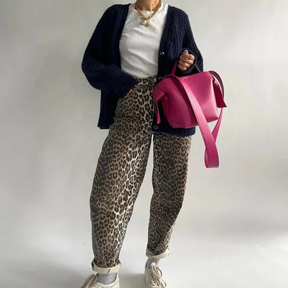 Fashionable Leopard Print High Waist Jeans