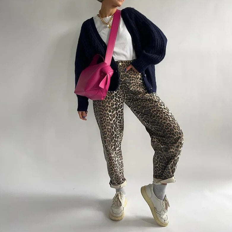 Fashionable Leopard Print High Waist Jeans - Luxivelle