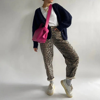 Fashionable Leopard Print High Waist Jeans - Luxivelle
