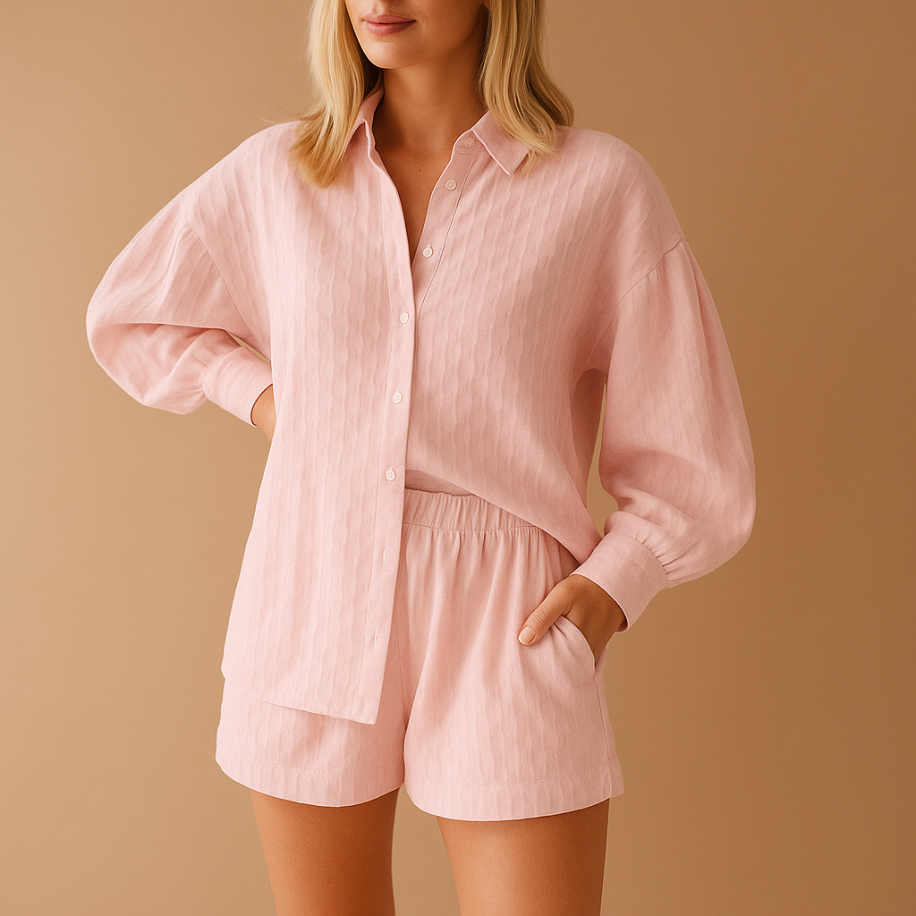 Two-piece summer outfit for women with short-sleeved blouse and matching shorts, ideal for beach days, vacations, and casual wear