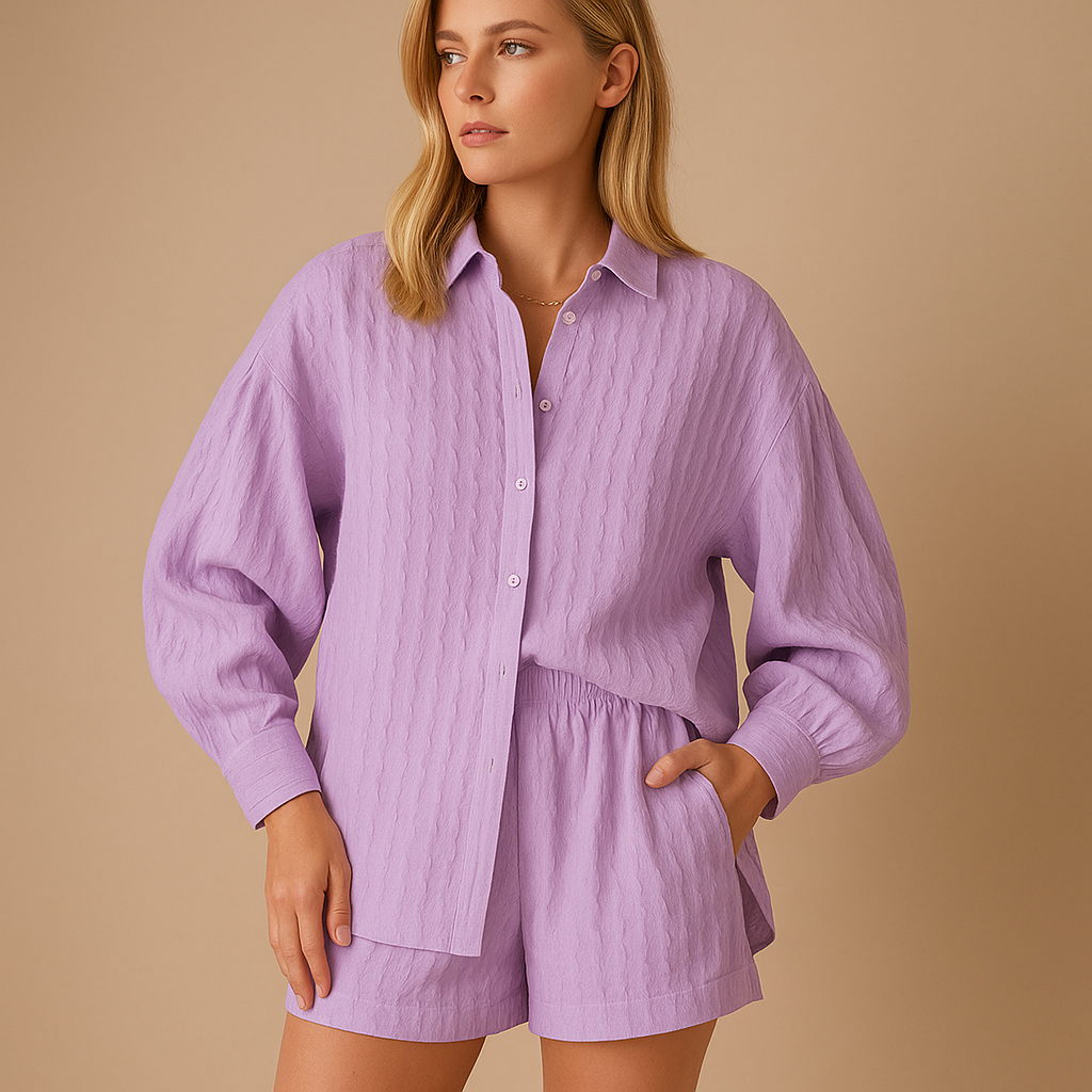 Two-piece summer outfit for women with short-sleeved blouse and matching shorts, ideal for beach days, vacations, and casual wear