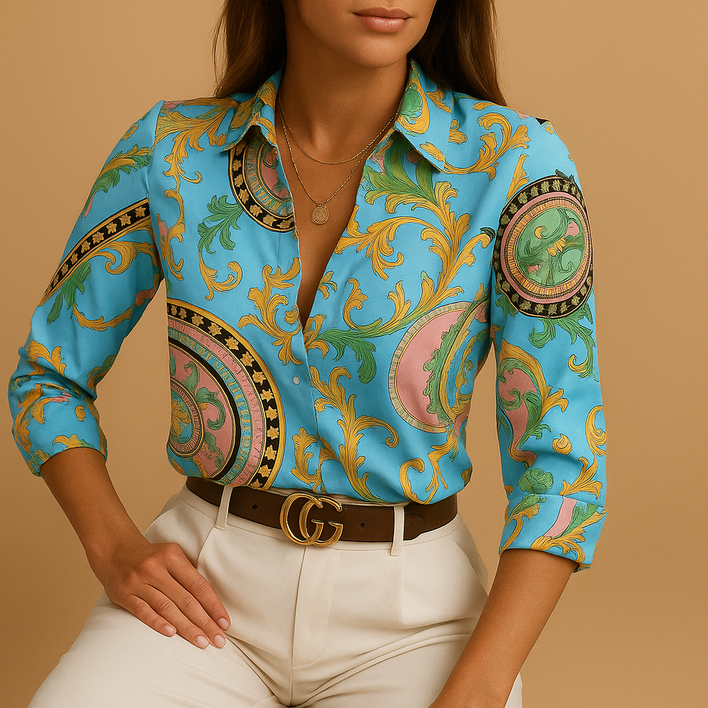 Woman wearing a lightweight printed blouse with a bold design, perfect for casual days, work, or elegant evenings