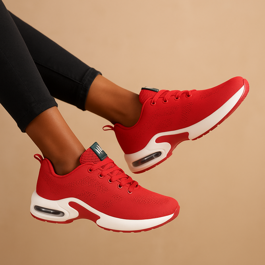 Breathable lightweight running sneakers for women in white, black, pink, and blue, ideal for fitness, walking, and casual wear.