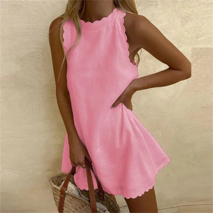 Linen Summer Dress | O-Neck, Knee-Length | Light Pink